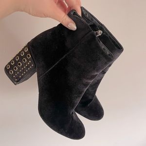 Black heeled ankle booties with rhinestones
